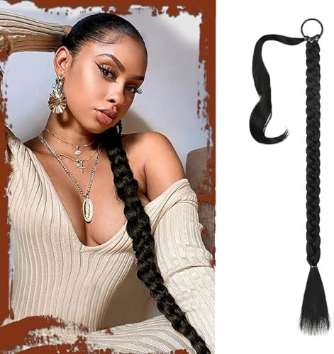 Sofeiyan Braid Extensions Pferdeschwanz Verlängerung mit Haargummi 66cm Lange Geflochtener Ponytail Verlängerung Schwarz Natürliches Haarverlängerung Synthetisches Zopf Haarteil für Damen