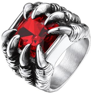Bestyle Herren Ring mit Roter Stein 316L Edelstahl Chunky Gothic Dragon Bandring Zirkonia Verlobungsring Vintage Punk Biker Drachen Schmuck für Männer Damen, Silber, Ringgröße 60