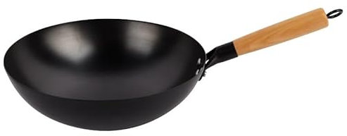 Wok Tradicional Chino de Hierro, sartén para saltear, Wok de Cocina Saludable con Mango de Madera, 36cm (30cm)