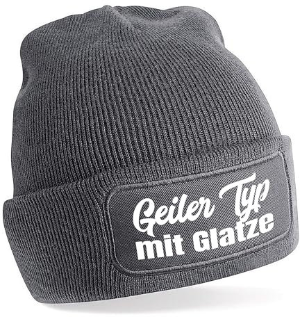 Herzbotschaft Beanie Strickmütze mit Spruch | Geiler Typ mit Glatze | grau | Unisex SoftTouch angenehm weiche und warme Wintermütze | OneSize Einheitsgröße für Erwachsene