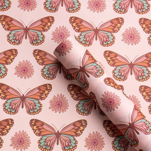 RUSPEPA Kraft-Geschenkpapier – Mini-Rolle – 43,2 cm x 5 m – Boho-Schmetterlings- und Gänseblümchen-Design mit schwachem Duft für Geburtstag, Party, Urlaub