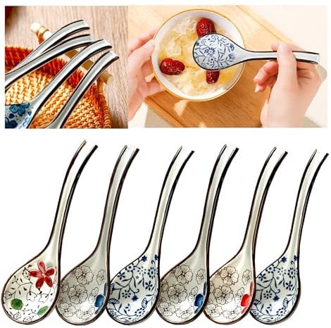 Cucharas De Sopa Chinas,Xiuyer 6Pcs Juego De Cucharas De Sopa Asiática De 6,5 Pulgadas Cucharas De Sopa Japonesas Para Guisos Cereales Ramen Pho Wonton Dumpling Miso Cucharas De Sopa China De Cerámica