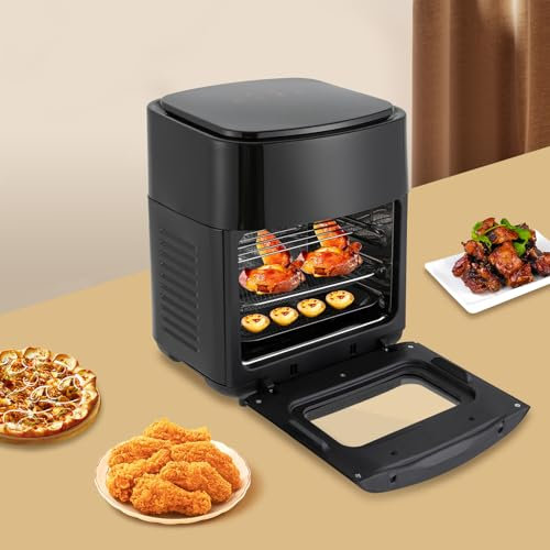 Mini four à air chaud, 1400 W, 15 l, en fer blanc, avec circulation de ventilateur, friteuse avec écran tactile numérique LED, friteuse à air chaud, avec panier à friteuse (noir)