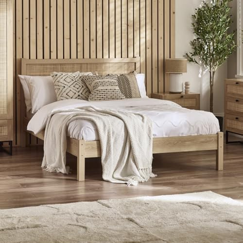 happybeds Wooden Bed, Padstow Oak or Black Rattan Wooden Bed in 2 Colours (Oak, 5FT - Frame Only)