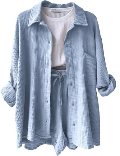 Anrabess Musselin Set Damen Bluse Zweiteiler Mit Plissee Hose - Sommer Hemd Vintage Clothes Festival (C Light Blue, L)