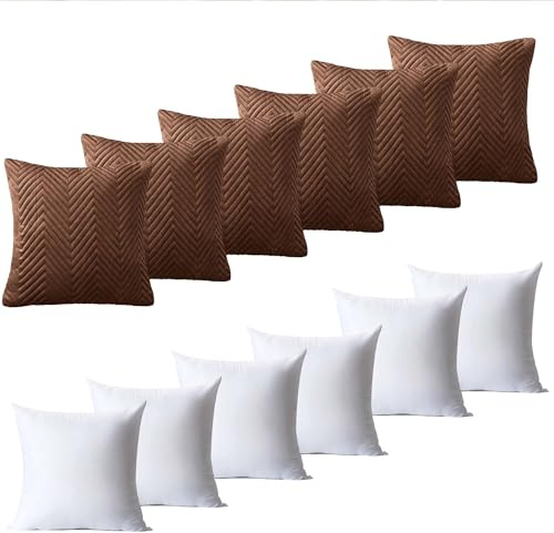 BedLooms Cushions with Covers Included 45 x 45 cm Set of 12 (6 Coffee Cushion Covers, 6 Cushion Inserts) Ultrasonic Square Throw Pillow Cases Decorative Sofa Cushion with Invisible Zipper