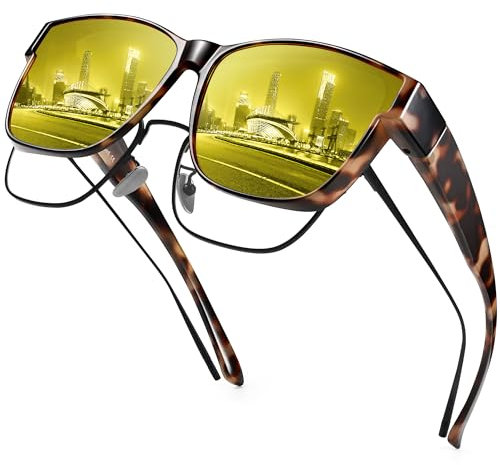 URUMQI Nachtsichtbrille für Autofahrer Herren Damen Überzieh Nachtsichtbrille Gelb Getönte Polarisierte Gläser Nachtbrille zum Autofahren Blendschutz Ultra Leicht Glänzend Beige Schildpatt Rahmen