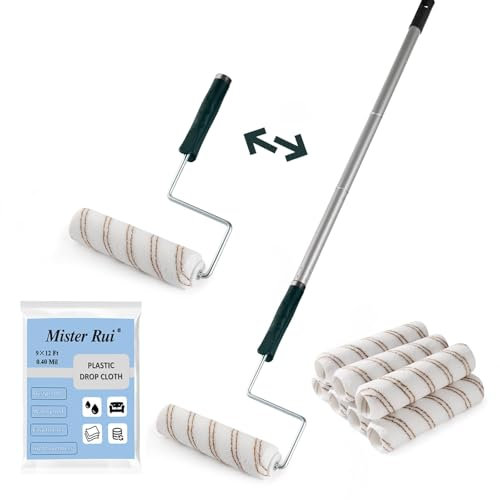 Paint Roller Sleeve 9 Inch (230MM), 7 Microfiber Paint Roller Covers, Large Paint Roller, 9 Inch Paint Roller Frame with Extension Pole, Protection Film or Painting on Smooth and Semi-Rough Surfaces