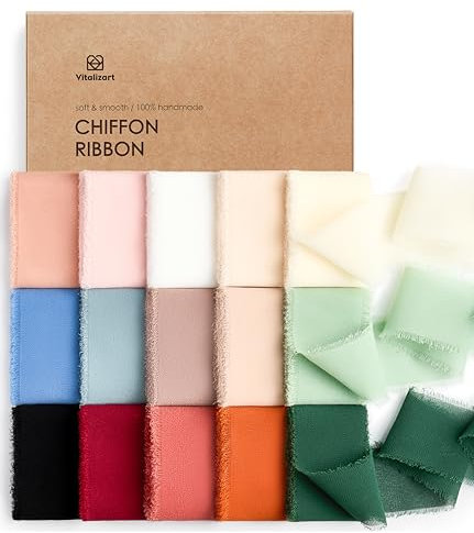 Vitalizart Chiffonband 15 Farben, 3,8 cm x 27,4 m Geschenkband Breit Hochzeit Schleifenband Stoffband, Bänder-Set für Hochzeitseinladungen, Brautsträuße, Geschenke, Verpackungen, DIY-Kunsthandwerk