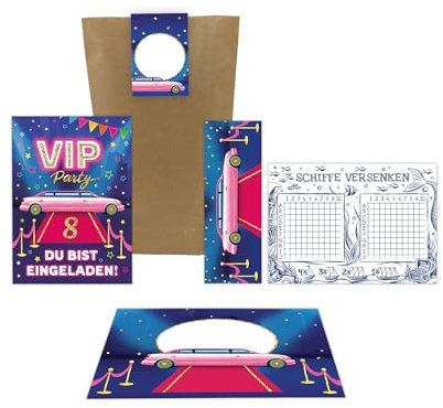 Junaversum 8 Einladungskarten zum 8. Kindergeburtstag Mädchen VIP Disco Mädchengeburtstag Einladungen achte Geburtstag incl. 8 Umschläge, 8 Tüten, 8 Aufkleber, 8 Lesezeichen, 8 Schiffe versenken