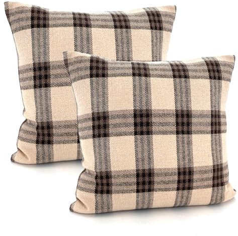 heimtexland ® 2er Set Dekokissen mit Woll-Charakter Tartan kariert Kissen Schotten-Karo Deko Kissenhülle 45x45 cm Doppelpack Typ899 beige-braun