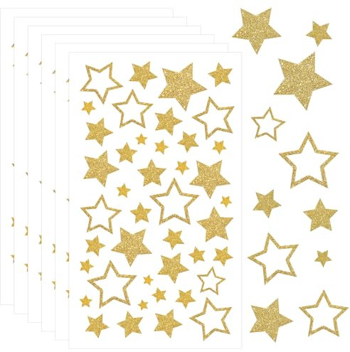 JJUNW 6 Blatt Sterne Aufkleber, Selbstklebend Glitzer Sternaufkleber Belohnungssticker für Kinder Star-Etiketten für Scrapbooking DIY-Grußkarten Weihnachten Deko Weihnachtskarten Bastelarbeiten(Gold)