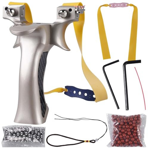 Asfrode Zwille Steinschleuder Set, Schleuder Jagd Slingshot Griff aus Luftfahrtaluminium Sport Outdoor Profi Schleuder Set mit 4 Ersatzgummi 200 Tonkugeln 200 Stahlkugeln
