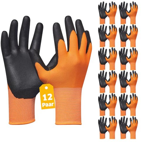 Gebol Eco Flex Orange | Guantes de trabajo con revestimiento de nitrilo transpirable | Guantes para trabajos de montaje | Para Hombre | Talla XXL (Gr 11) | Naranja | 12 pares Multipack