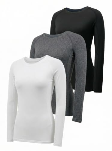 YUSHOW T-Shirt de Compression Femme,Haut de Sport Manches Longues Lot de 3