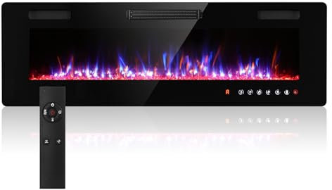 kamulouk 50/127cm Electric Fireplace, Wall Mounted/Recessed/Freestanding, with Remote & Screen Touch Control 12 Flames Color LED Light, Fireplace Heater, Crystal & Log Set Black 50inch