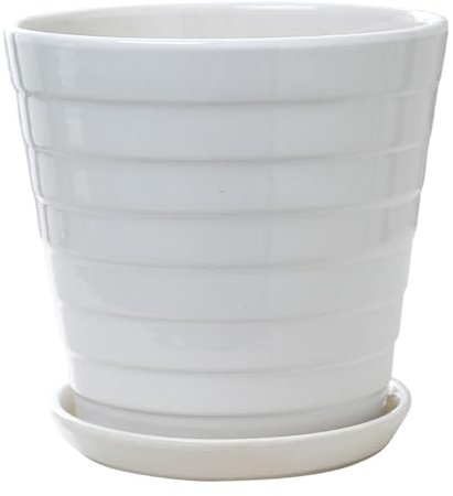 Pot de fleurs en céramique blanc de 24 cm de grand calibre avec trou de drainage et soucoupe, récipient pour plantes succulentes pour décoration d'intérieur, design fileté