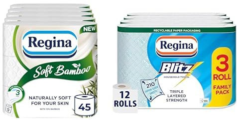 Regina Soft Bamboo - 45 Rolls of Toilet Tissue 3 Ply, 160 Sheets, Made with Bamboo Fibers, FSC Certificated + Regina Blitz Household Towels – 12 Triple Layered Rolls, 70 Sheets Per Roll, FSC Certified