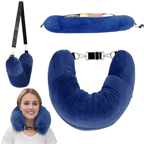 Stuffable Neck Pillow for Travel, 80 * 18.5cm Stuffable Travel Pillow with Adjustable Straps, Travel Pillow Stuffable with Clothes, Neck Pillow Stuffable for Extra Luggage Travel Essentials(Blue)