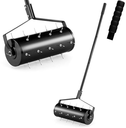 RELAX4LIFE Arieggiatore per Prato con Rullo da 44 cm/52 cm, 27/33 Punte Antiruggine da 3,4 cm, Aeratore da Prato con Manico Lungo, Ideale per Cortili, Giardini e Prato (Larghezza: 44 cm,Nero)