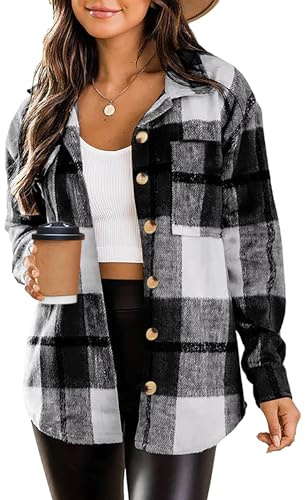 Zeagoo Ladies Oversized Shirt Checked Shirt Casual Flannel Shirt Cowgirl Outfit Long Sleeve Blouse with Chest Pocket Loose Collar Button-Down Top Grey Black XXL
