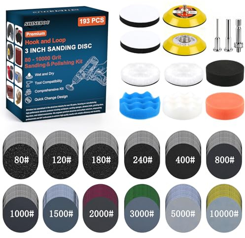 Shineboc 193pcs Sanding Discs Car Polishing Pads Kit for Drill, 75mm Wet and Dry Sandpaper 80-10000 Grits, Car Headlight Restoration Kit, Drill Sanding Attachments Buffing Pads