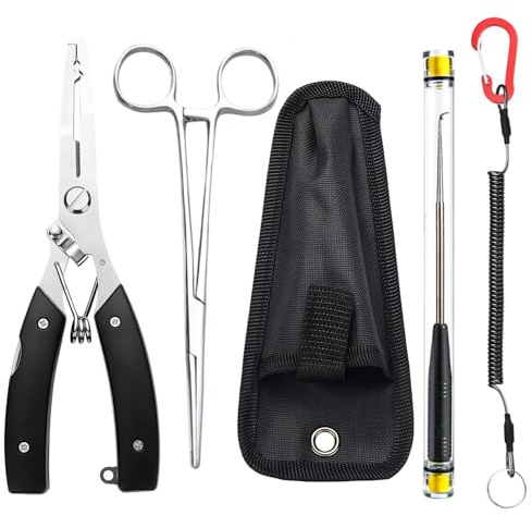 4 Pcs Fishing Pliers, Include Stainless Steel Curved Fishing Forceps, Disgorger Fishing, Split Ring and Lanyard, Durable Fishing Accessories Hook Remover, Fishing Gifts For Men Dad for Catch Big Fish