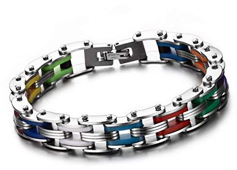 Cupimatch maskuline Herren 12mm breit Kette Armband Schwere Edelstahl Silikon Fahrradkette Biker Motorradkette, Silber Regenbogen