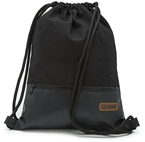 By Bers LEON Turnbeutel, große Reißverschluss Außentasche, Innentaschen Innenfutter Rucksack Tasche Damen Männer Hipster Beutel Veganes Leder Gym Bag Draw String (Schwarz_Schwarz_PU)