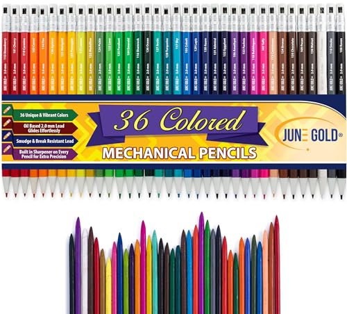 June Gold 36 verschiedenfarbige Druckbleistifte mit 2,0 mm und 36 einzigartigen Farbminen, Farbname ist auf jedem Bleistiftschaft aufgedruckt, integrierter Spitzer hinten