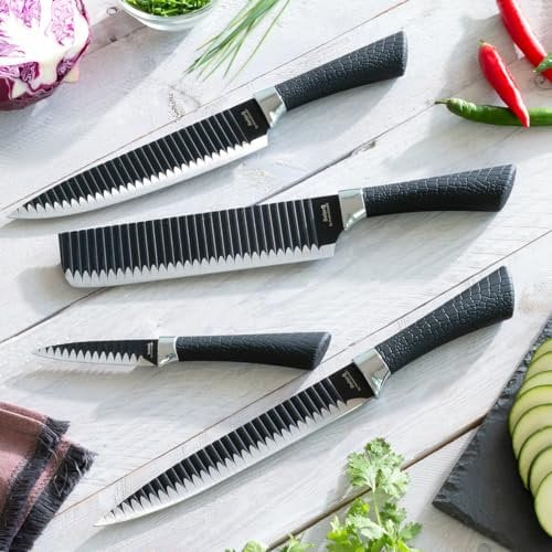 InnovaGoods - 4-teiliges Messerset Black Shark Swiss·Q Namiutsu, Hochpräzises Schneiden, Ergonomischer Griff, Antihaft-Keramikbeschichtung, Schwarz, Kunststoff