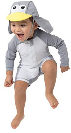 Cuddle Club Costume Neonata UV UPF 50+ Asciugatura Rapida, Lavabile in Lavatrice - Pinguino - Grigio 3-6 Mesi