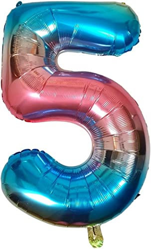 DIWULI Luftballon 5 Geburtstag XL Blau Regenbogen - Folienballon 5, Zahl 5 Ballon 5 Jahre, Geburtstagsdeko 5. Geburtstag Party-Deko Junge Mädchen, Zahlen-Ballon Groß Dekoration, Zahlen-Luftballon