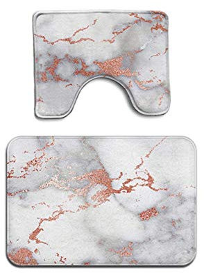 Bath Mat Set 2 Piece Non Slip Pedestal and Bath Mat Set Toilet Bathroom Rug New, Pink Metal Marble with Rose Gold White