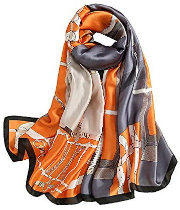 ANDANTINO Langer Schal für Damen, 100% Maulbeerseide, große Schals für Kopftuch und Hals, längliche Haarwickel, mit Geschenkverpackung, Graublau & Orange, Large