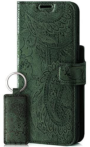 SURAZO Handyhülle für Apple iPhone 13 Mini – Premium Echtleder Hülle Schutzhülle mit [Standfunktion, Kartenfach, RFID Schutz, Blumenmuster] Handmade Klapphülle Wallet case (Grün)
