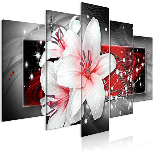 B&D XXL - Akustikbild Blumen Bilder Hochleistungsschallabsorber Schallschutz Vlies Leinwand Akustikdämmung 5 tlg Wandbild Raumakustik Schalldämmung Lilien Abstrakt b-A-0616-b-m