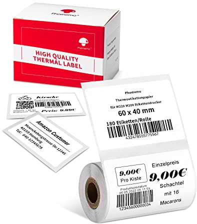 Phomemo M220 ThermoEtiketten,Thermoetikettenpapier für M220 M250 M221 M421 Etikettendrucker- Multifunktionales Selbstklebendes Etikett,Adressetikett,Preisschild Etikett,60x40mm,180 Etiketten/Rolle
