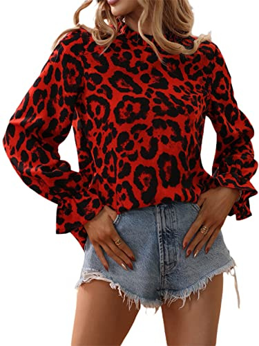 Floerns Women's Leopard Print Elegant Long Sleeve Frill Trim Mock Neck Blouse Tops