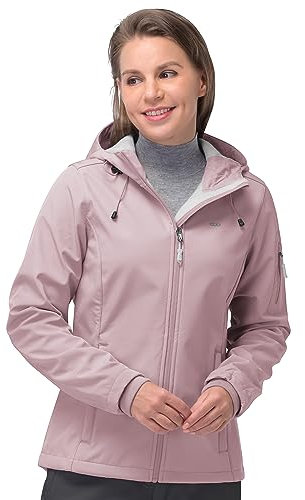 33,000ft Softshelljacke Damen Wasserdichte Atmungsaktive Warme Winterjacke Fleece Übergangsjacke Winddichte Funktionsjacke mit Kapuze Trockene Rose L