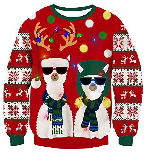 Freshhoodies Weihnachts Pullover Herren Damen Ugly Christmas Sweater Alpaka Muster Weihnachtspullover Mit Beleuchtung Herbst Winter Lange Ärmel Neuheit Rot Weihnachtspulli Hässliche Pulli XXL