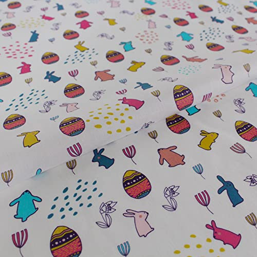 Stoff Meterware Bunte Eier und Hasen Weiß Baumwolle - 1 Meter, Frühling, Frühjahr, Deko, Osterfest