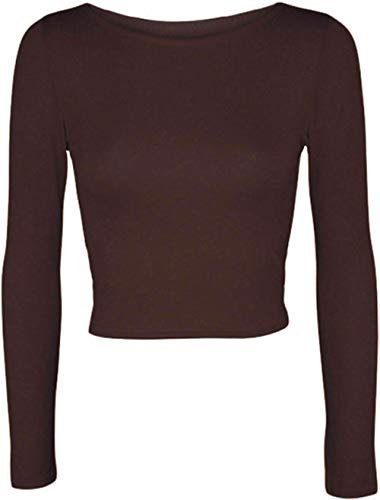 Womens Crop Long Sleeve T Shirt Ladies Short Plain Round Neck Top Brown 12-14