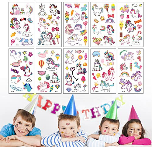 DOKEI 100 piezas Tatuajes Temporales Unicornio Tatoos Infantiles Pegatinas de Tatuajes Impermeables Calcomanias Tatuajes para Niños Niñas Regalos Cumpleaños Día del Niño Fiesta en la Piscina