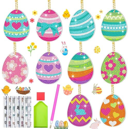 10 Stück Ostern Diamant Malerei Aufkleber,5D Diamond Painting Set Ostern,Hase Ostereier Diamond Painting Schlüsselanhänger,5D DIY Ostern Diamond Painting Set,DIY Diamond Painting Ostern Deko