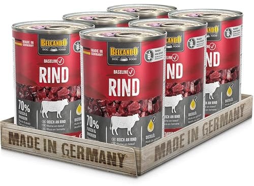 BELCANDO Baseline Nassfutter für Hunde, Rind, 6X 400g Dose, 70% Fleisch für ausgewachsene Hunde, Hundefutter nass ohne Getreide, Made in Germany