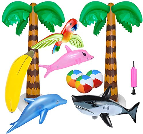 Inflatable Party Toys Set, 11pcs Luau and Hawaiian Theme Decorations with Palm Trees, Flamingo, Dolphin, Shark, Parrot, Banana, Beach Balls, and Air Pump ,Fun Summer Inflatables for Pool Parties