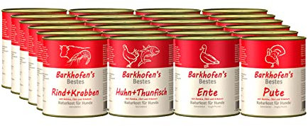 Barkhofen Tiernahrung Nassfutter für Ihren Hund 24x 800g – Hundefutter nass & getreidefrei mit Ente, Huhn + Thunfisch, Rind + Krabben, Pute - Hunde Futter in Dosen ohne Getreide - Verschiedene Sorten
