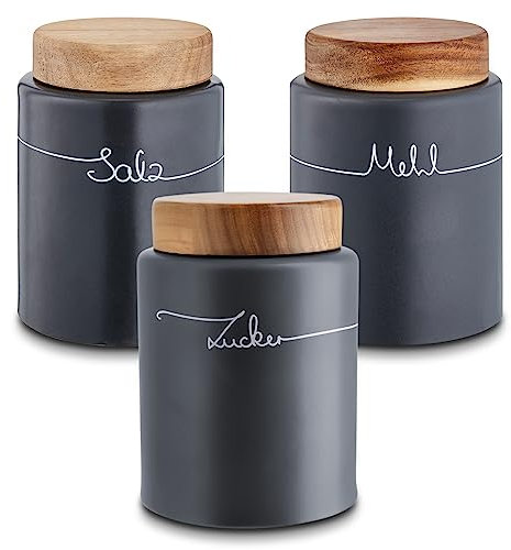 KHG Mehl Zucker Salz Aufbewahrung, Vorratsdosen Set 3-teilig, Keramik Steingut, Anthrazit Grau, Holz Deckel Bambus, Mehltopf Zuckertopf Salztopf, Verschluss luftdicht, BPA-frei
