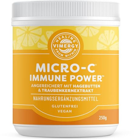 Vimergy Micro-C Immune Power – Vitamine C 1000mg – Vitamine C en Poudre Tamponnée – Soutien Immunitaire et Nerveux – Bienfaits pour Os et Cartilage – Sans gluten – Végétalien (250g)